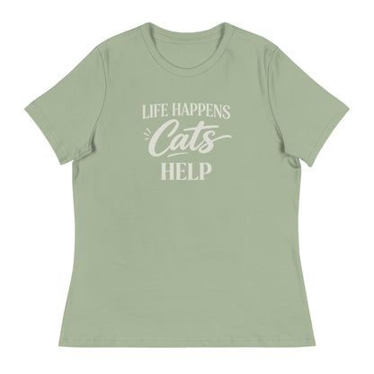 Sage green t-shirt with 'Life Happens, Cats Help' text on a white background