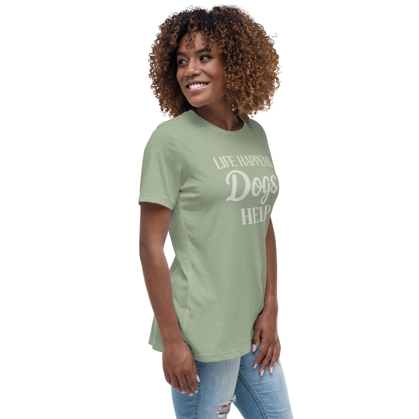 Woman wearing a green t-shirt with text on a white background