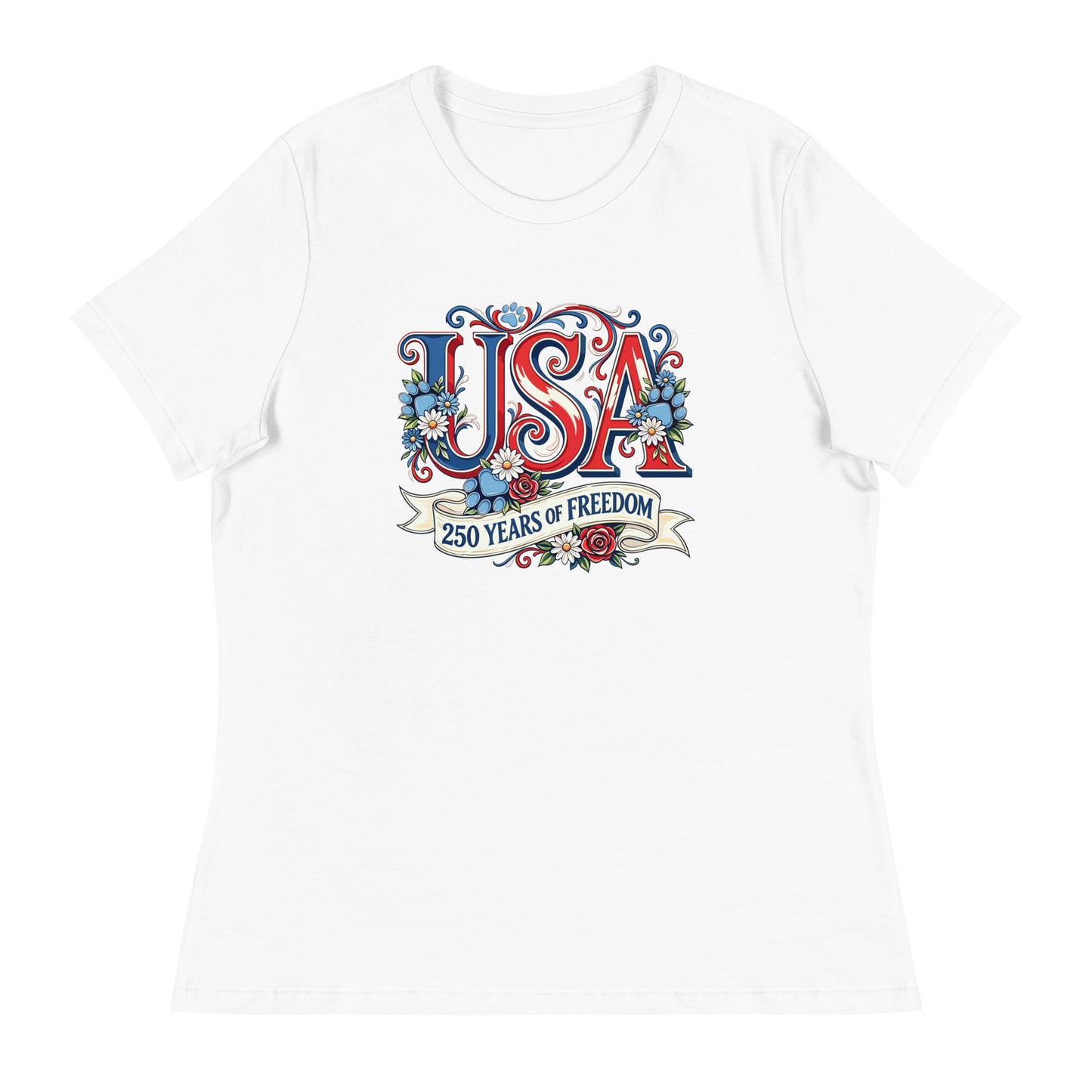 White t-shirt with 'USA 250 Years of Freedom' design on a white background