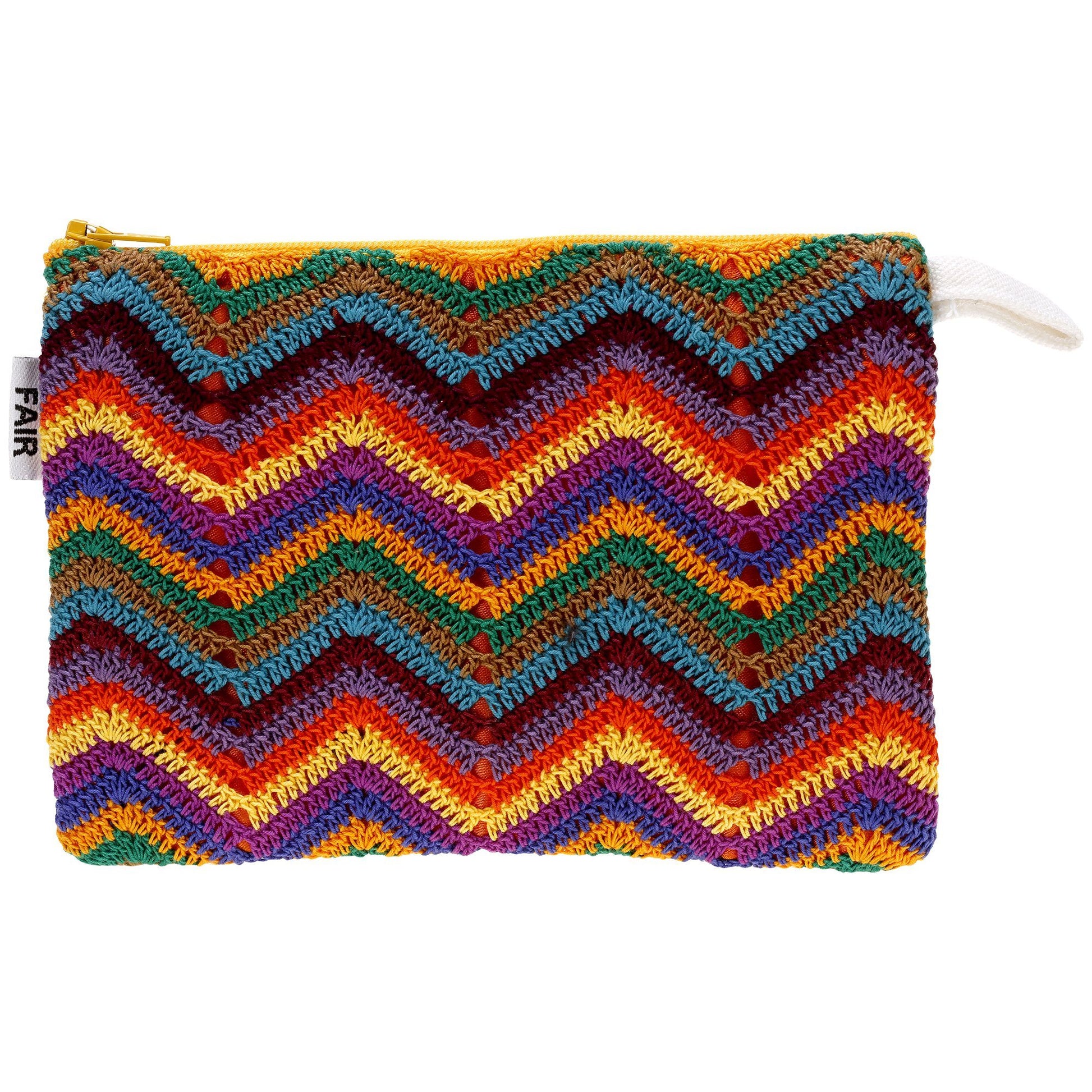 Colorful zigzag patterned pouch on a white background