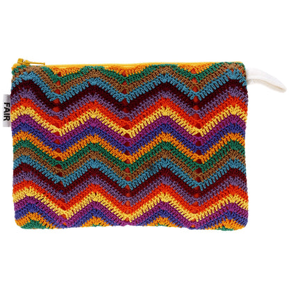 Colorful zigzag patterned pouch on a white background