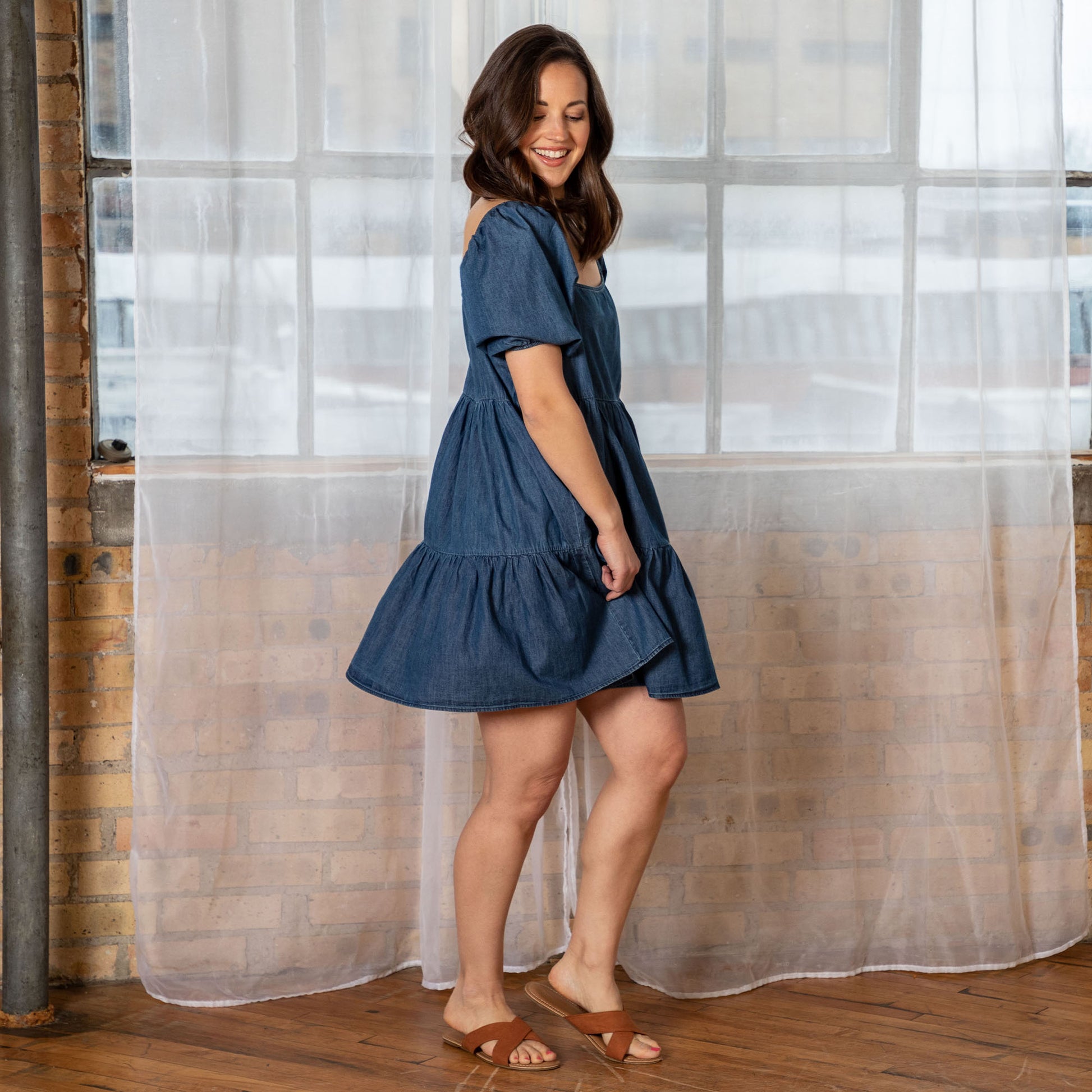 balloon sleeve denim dress V- Neck Puff Sleeve Denim Dress Buxom Couture