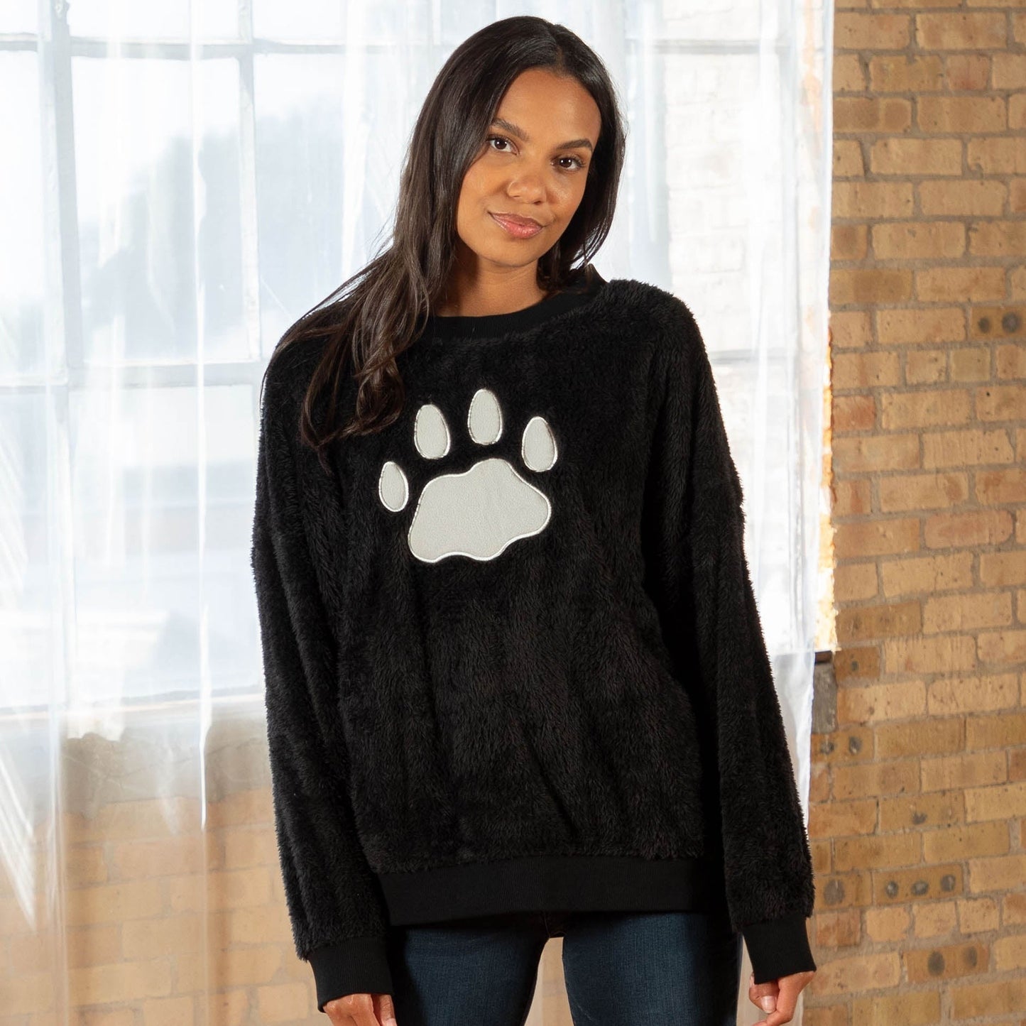 Sherpa Fleece Paw Print Crewneck Pullover