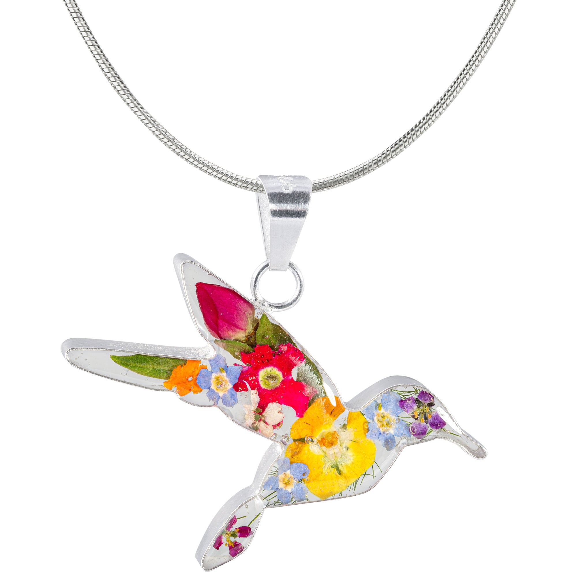 Handmade beautiful Sterling silver store Hummingbird and flower pendant/necklace