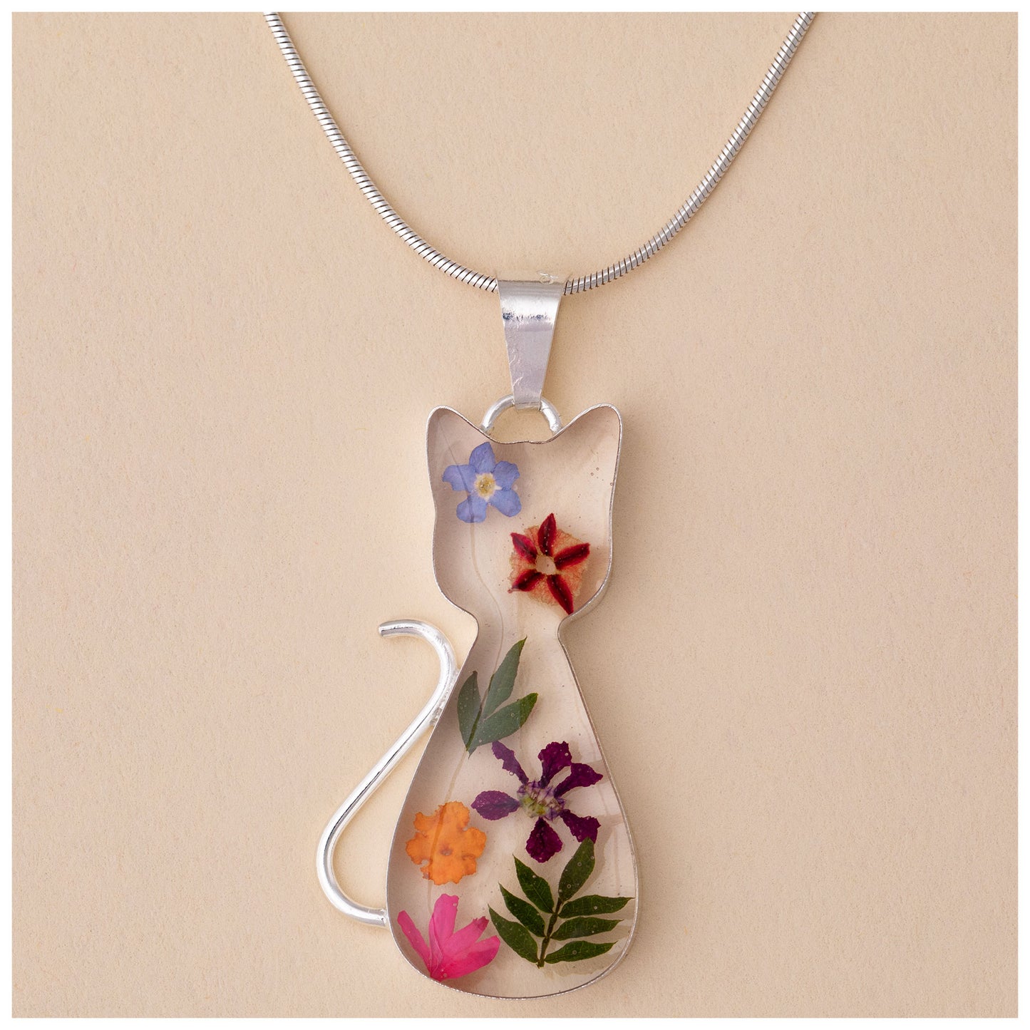 Real Flowers & Sterling Cat Necklace