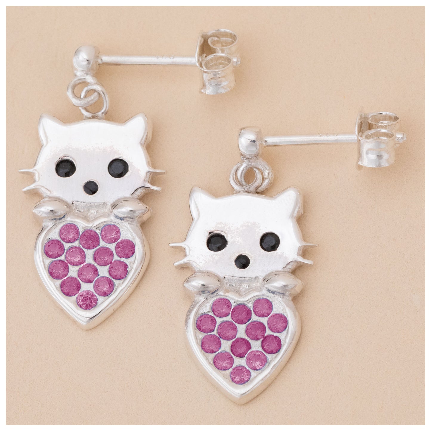 Cat & Heart Birth Month Sterling Earrings