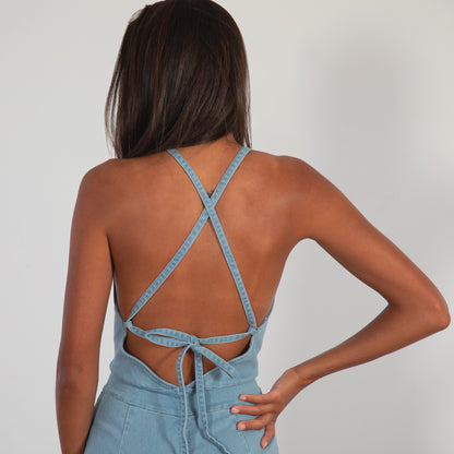 Denim Flare Leg Tie-Back Jumpsuit