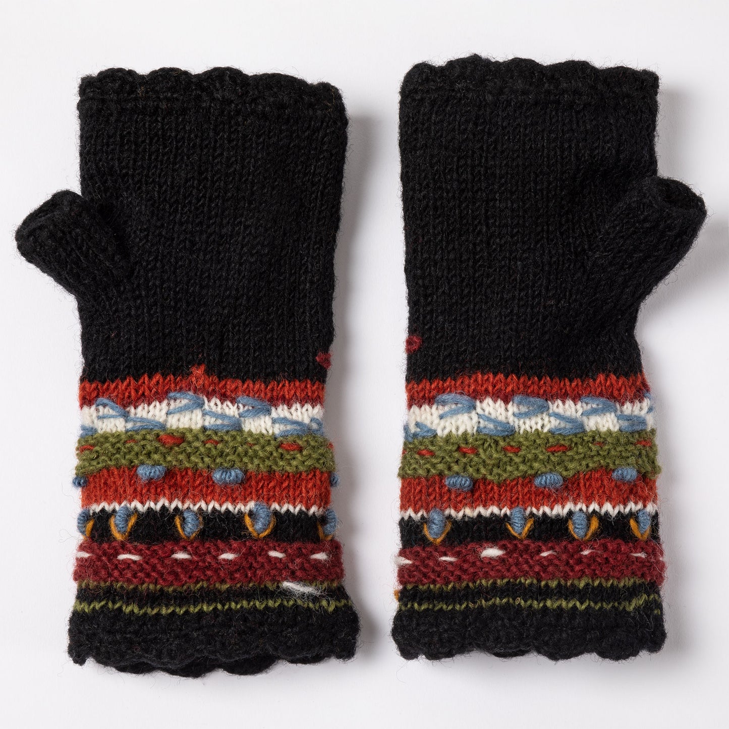 Hand Knit Floral Striped Fingerless Gloves