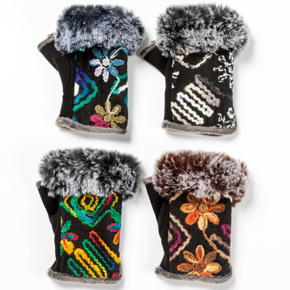 Faux Fur Embroidered Fingerless Gloves