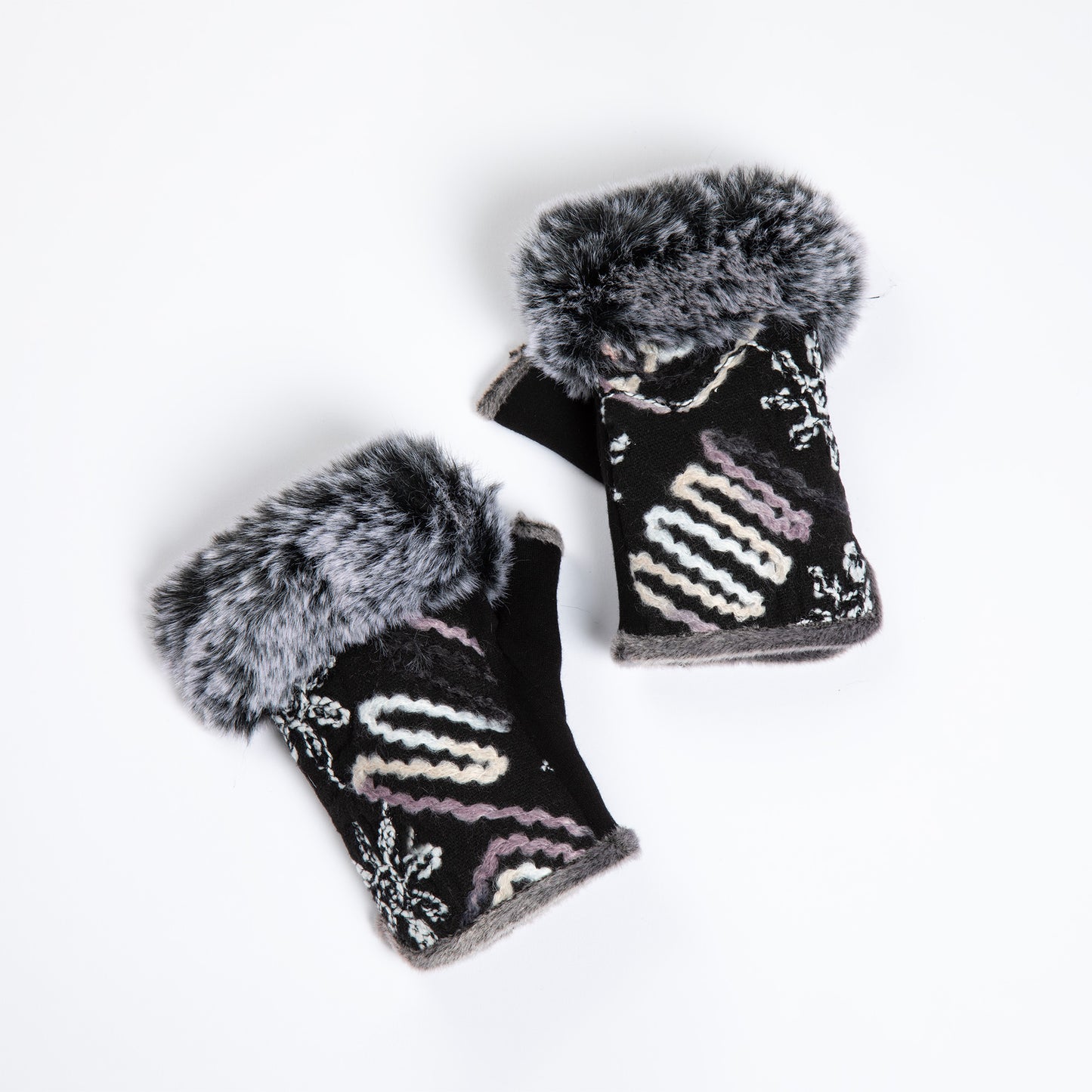 Faux Fur Embroidered Fingerless Gloves