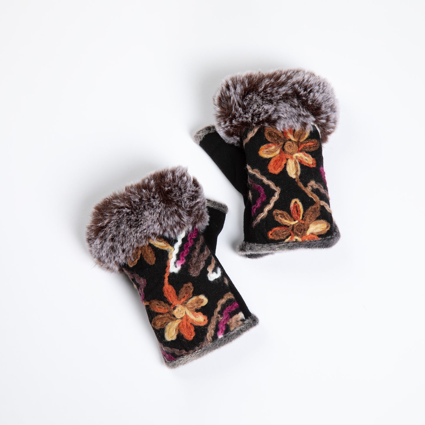 Faux Fur Embroidered Fingerless Gloves