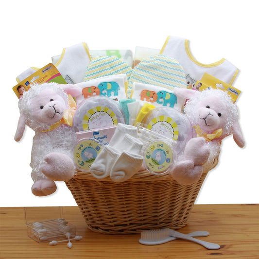 Double Delight Twins New Baby Gift Basket - Yellow