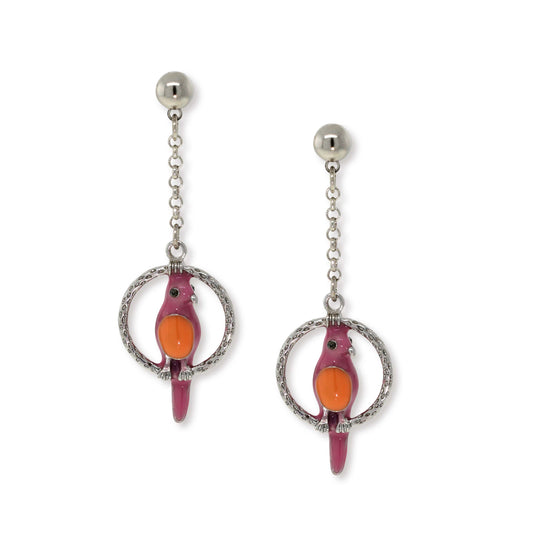 1928 Jewelry&reg; Pewter Hoops With Orange & Pink Enamel Parrot Drop Chain Earrings