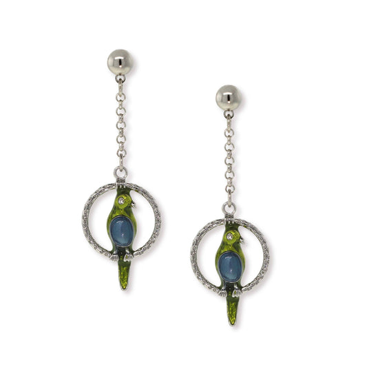 1928 Jewelry&reg; Pewter Hoops With Blue & Green Enamel Parrot Drop Chain Earrings