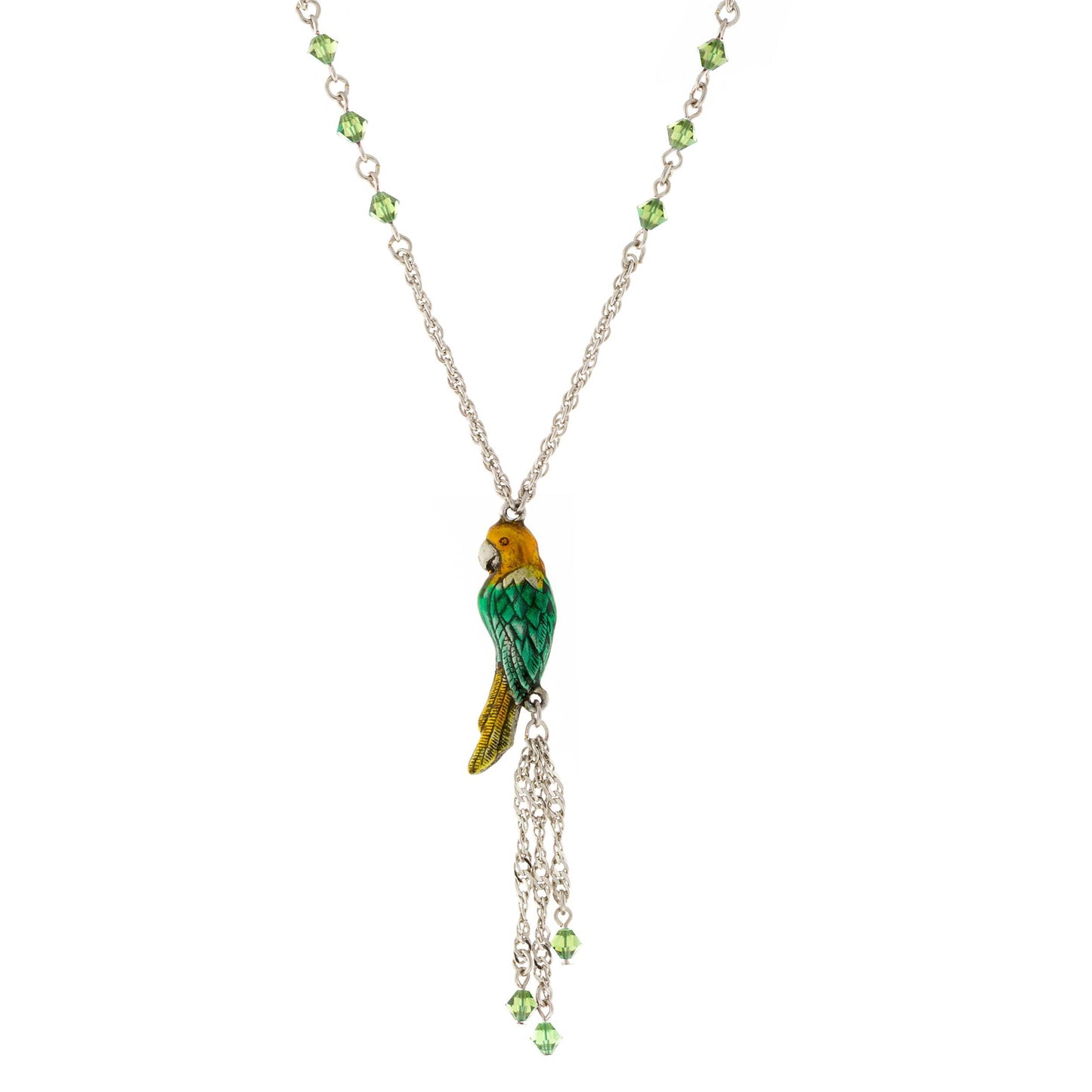 1928 Jewelry&reg; Silver Tone Green & Yellow Enamel Parrot With Green Beads  Necklace 16"Adj.