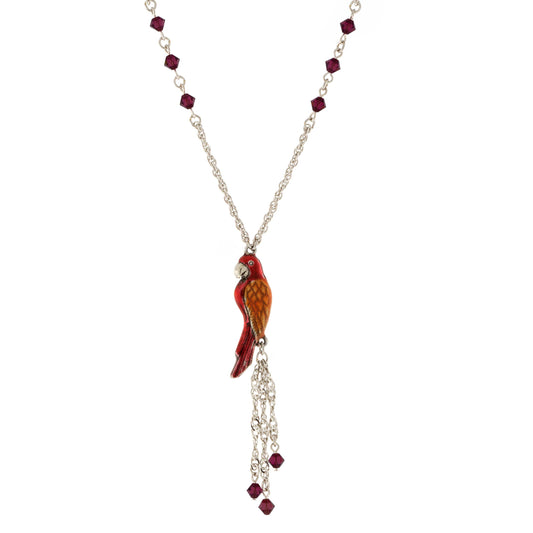 1928 Jewelry&reg; Silver Tone Orange & Red Enamel Parrot With Red Beads Necklace 16"Adj.