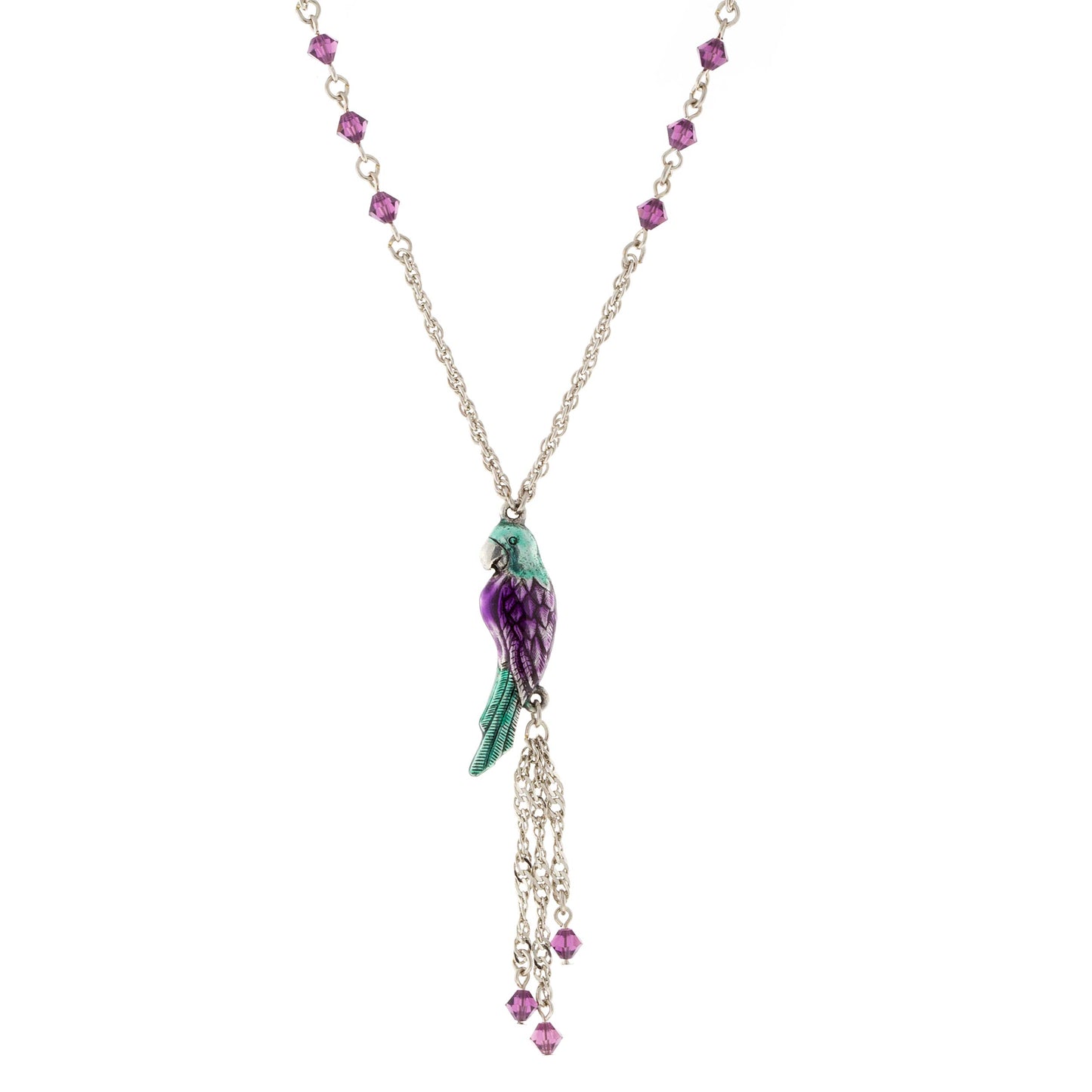 1928 Jewelry&reg; Silver Tone Purple & Green Enamle Parrot With Purple Beads Necklace 16"Adj.