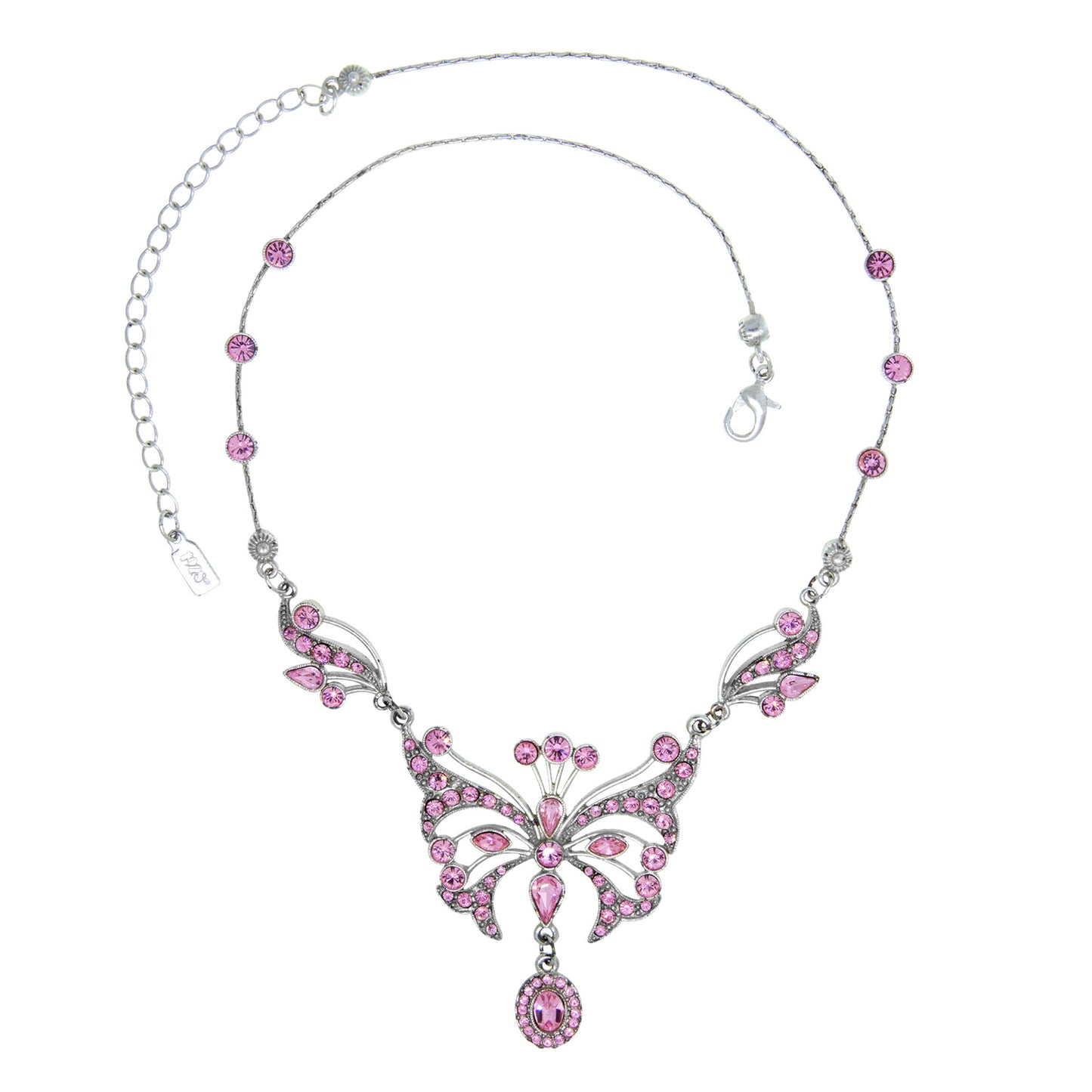 1928 Jewelry&reg; Silver With Pink Swarovski Crystal Butterfly Necklace 15"Adj. In Black Box