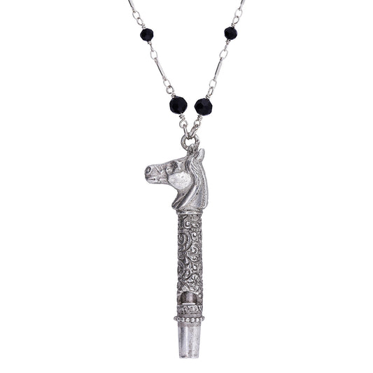 1928 Jewelry&reg; Pewter Horse Head Whistle Black Beaded Necklace 30In