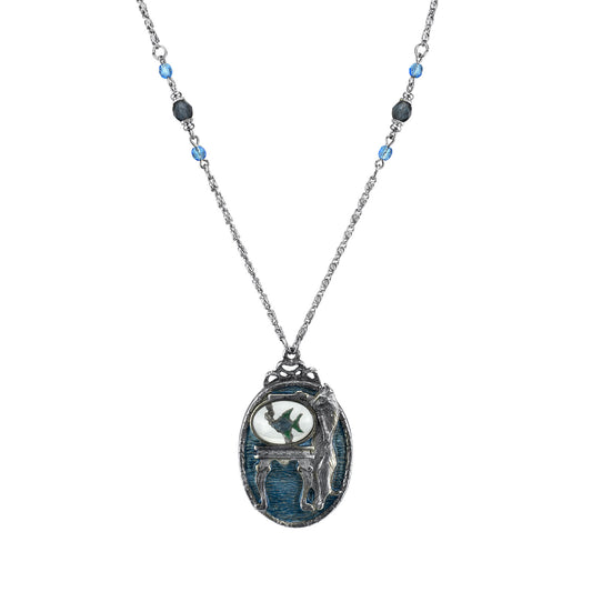 1928 Jewelry&reg; Pewter Cat With Blue Enamel Fishbowl Beaded Necklace 30In