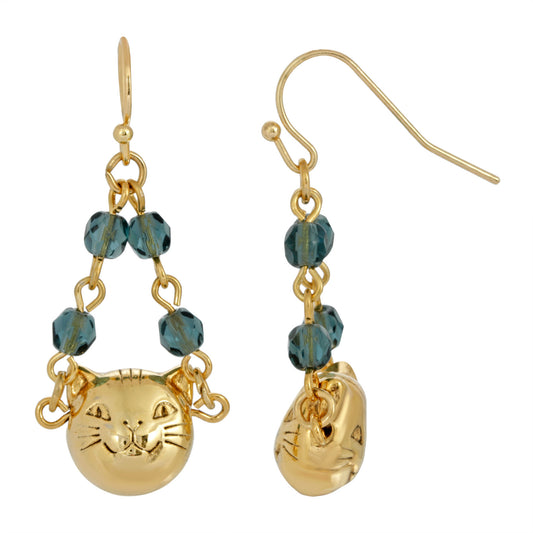 1928 Jewelry&reg; 14K Gold Dipped Cat Face With  Blue Beaded Chain Drop Wire Earrings