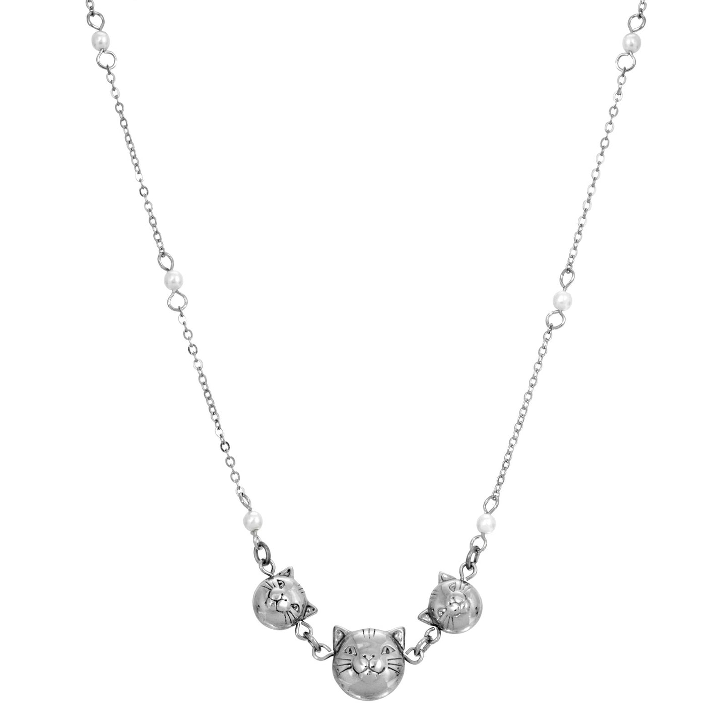 1928 Jewelry&reg; Silver Tone Triple Cat Faux Pearl Chain Necklace 16" Adj.