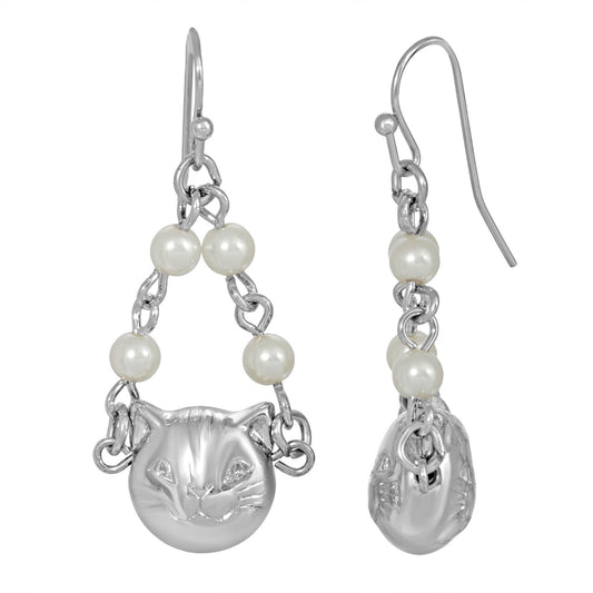 1928 Jewelry&reg; Silver Tone Cat Faux Pearl Drop Earrings