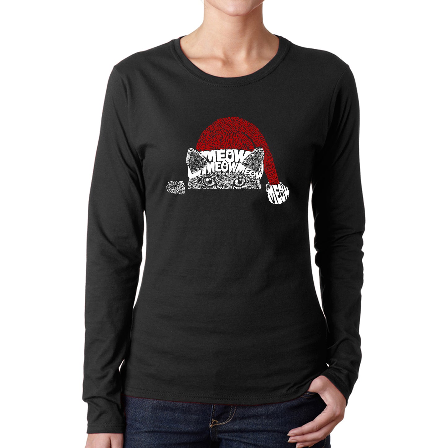 Christmas Peeking Cat - Women's Word Art Long Sleeve T-Shirt