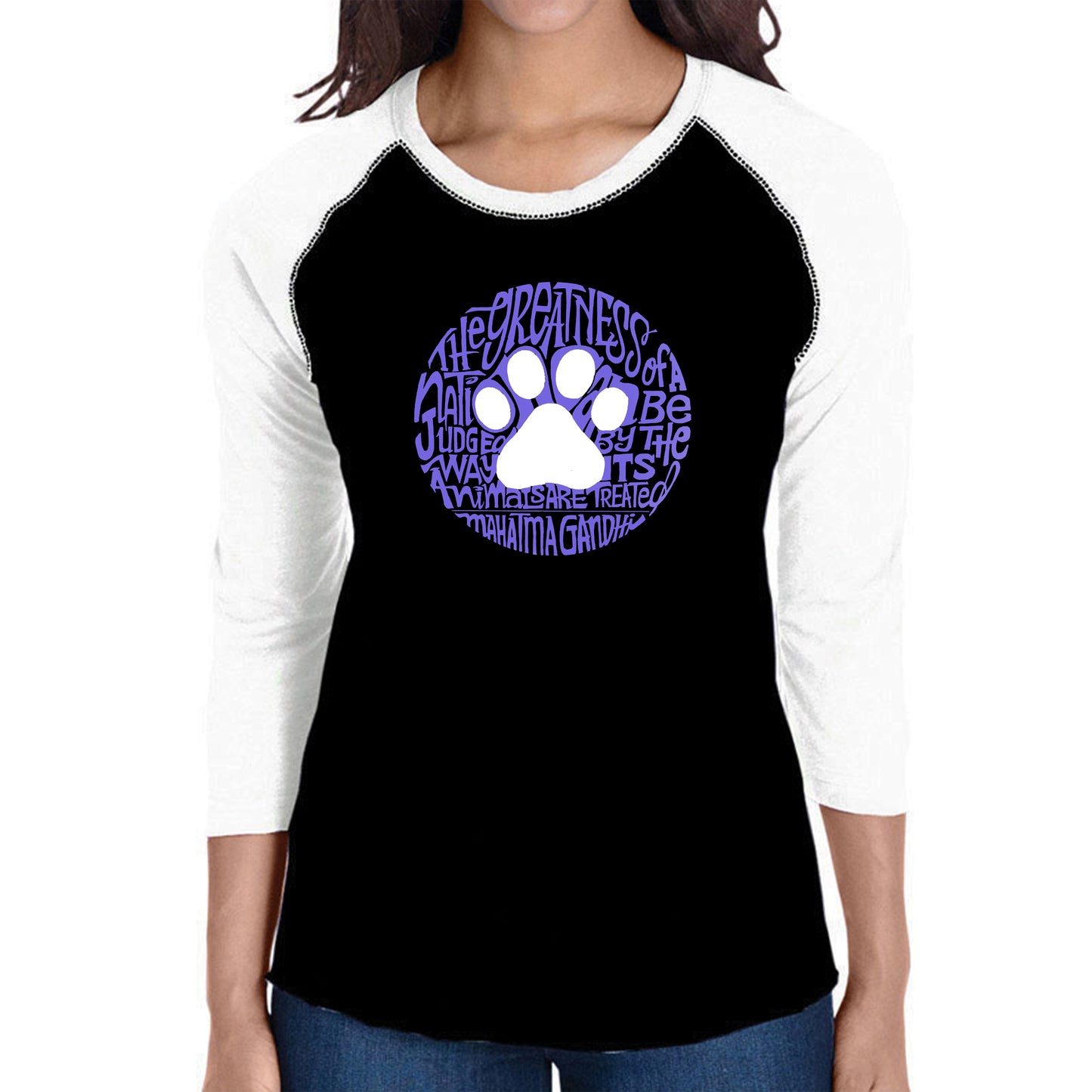 Gandhi's Quote on Animal Treatment  - Women's Raglan Baseball Word Art T-Shirt