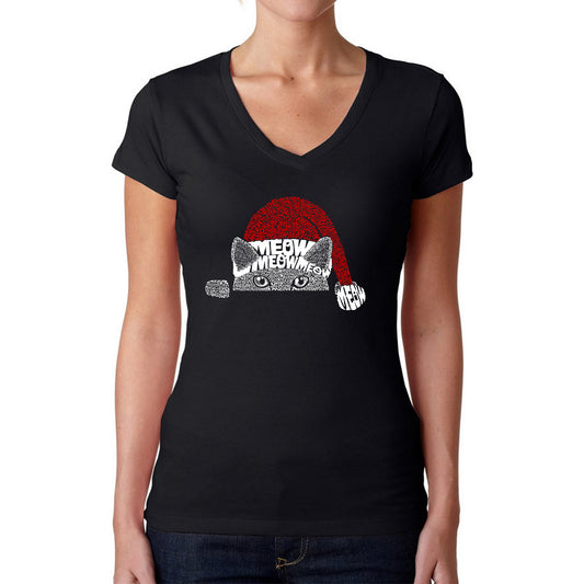 Christmas Peeking Cat - Women's Word Art V-Neck T-Shirt