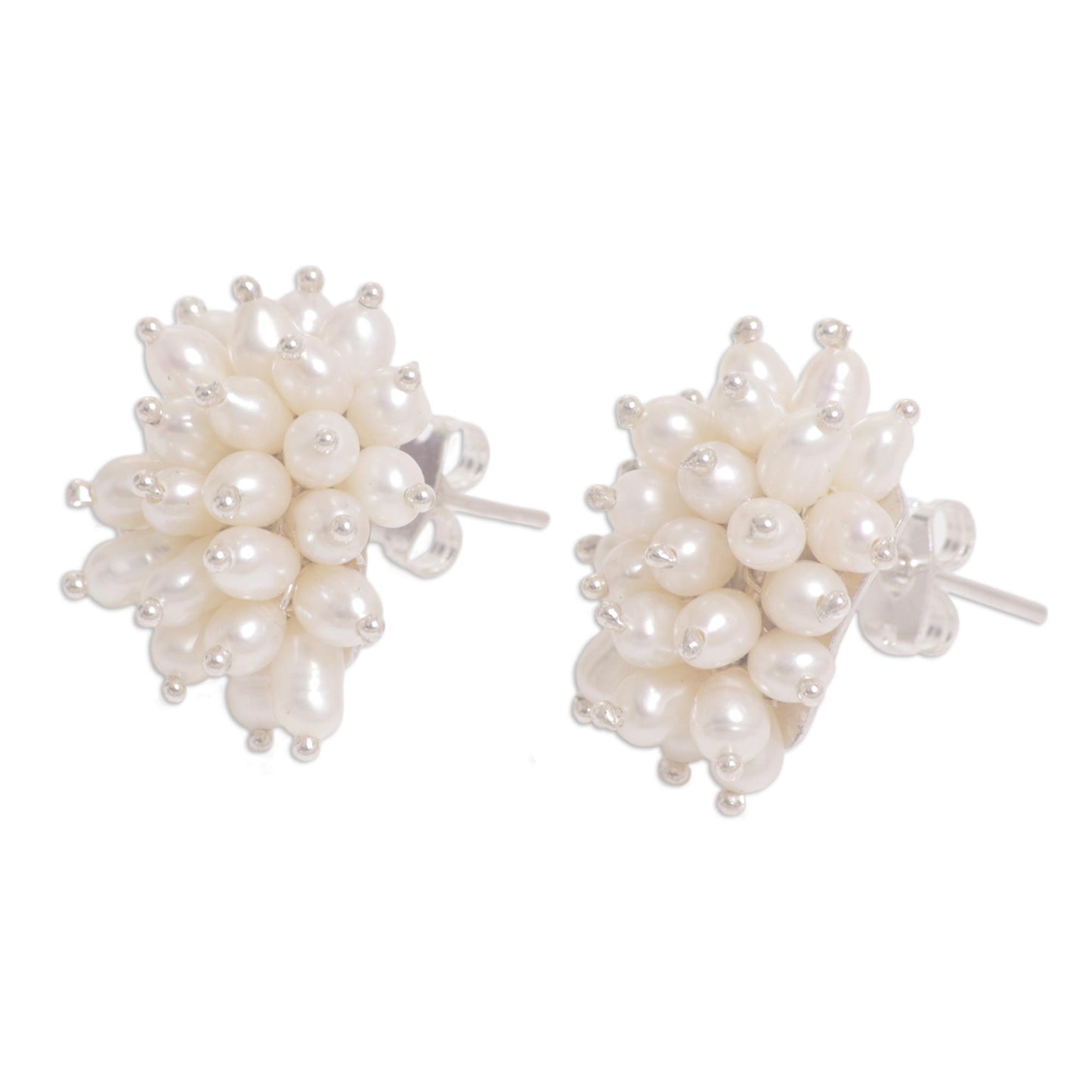 Rice Cluster Sterling Silver Pearl Button Earrings