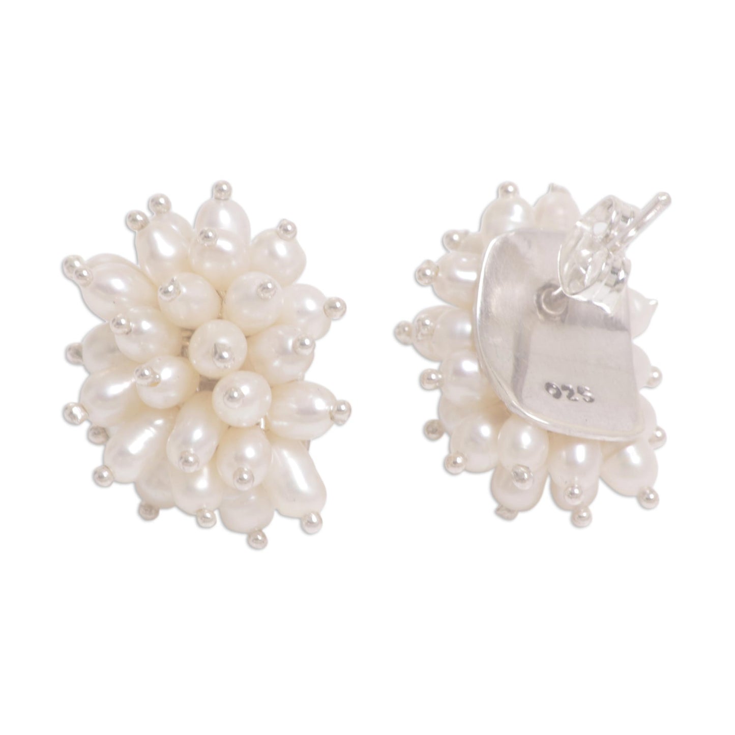 Rice Cluster Sterling Silver Pearl Button Earrings