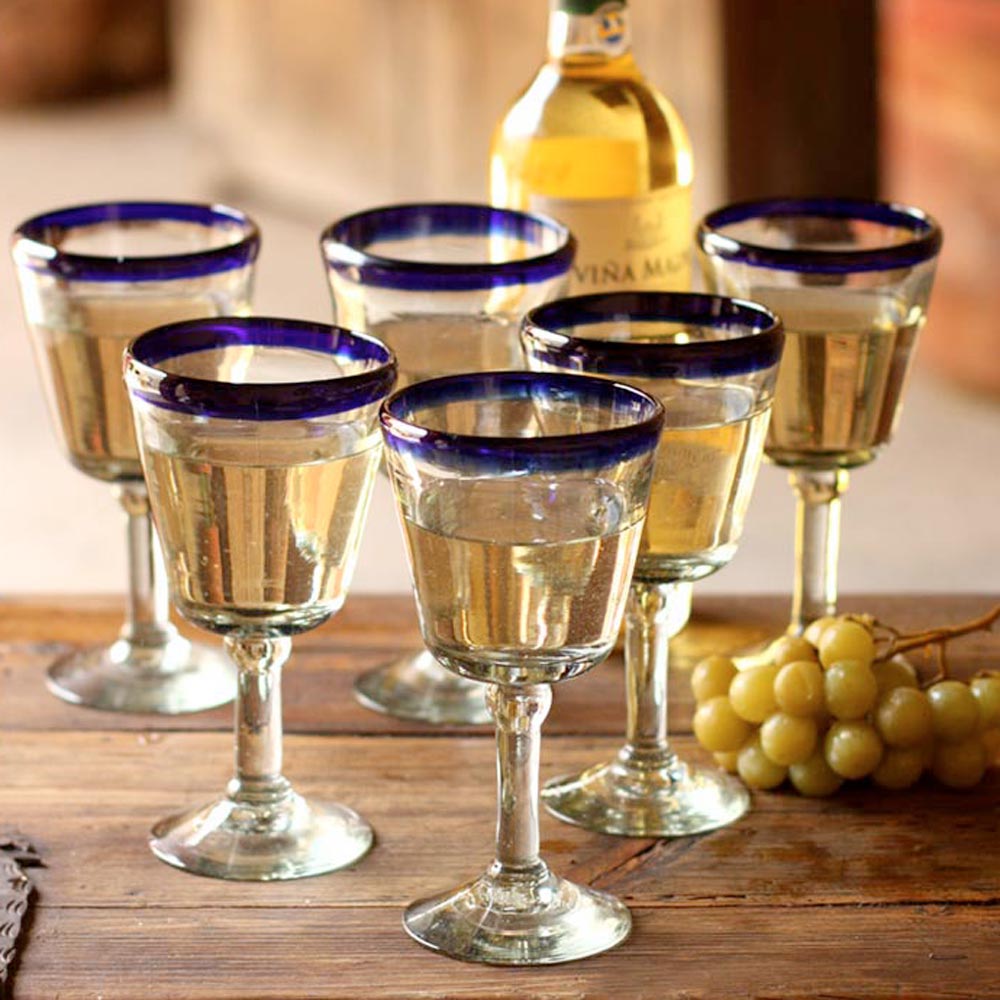 Chardonnay Hand Blown Wine Glasses Set of 6 Blue Rim Goblets Mexico