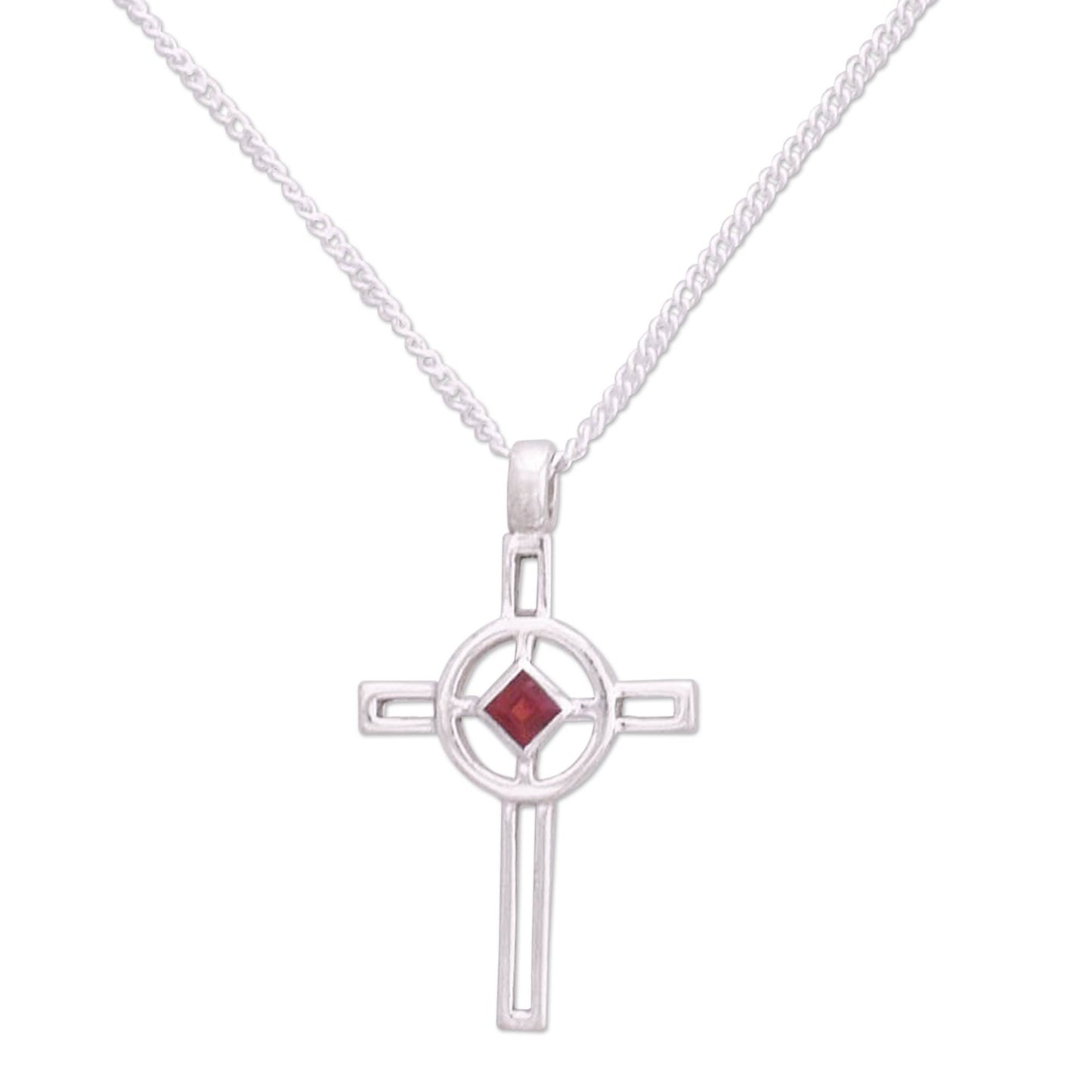 Celtic Cross Sterling Silver and Garnet Pendant Necklace