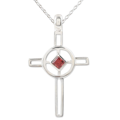 Celtic Cross Sterling Silver and Garnet Pendant Necklace