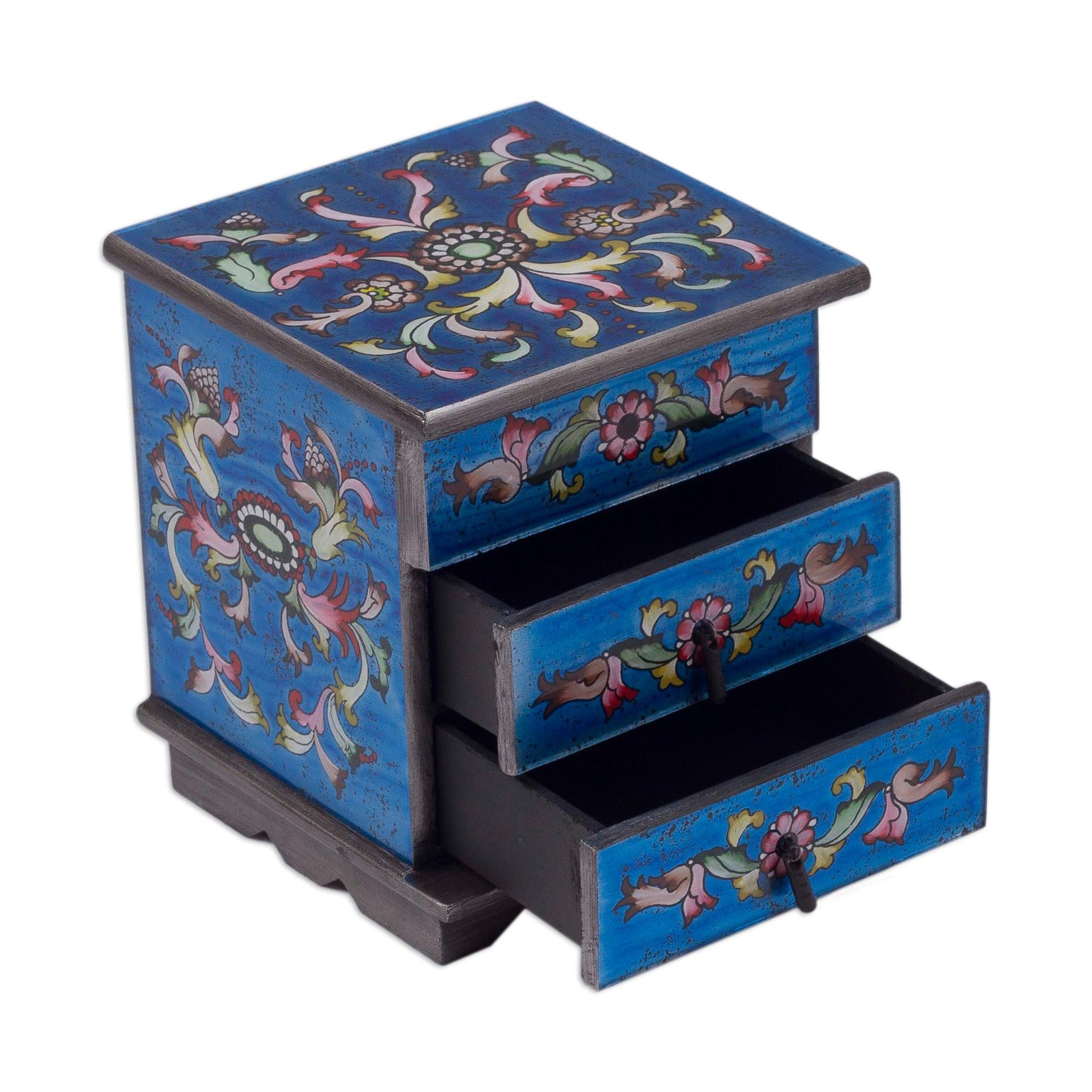 Celestial Blue Reverse Painted Glass Jewelry Box Chest with Mirror