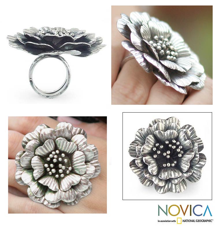 Queen Zinnia Silver Floral Cocktail Ring