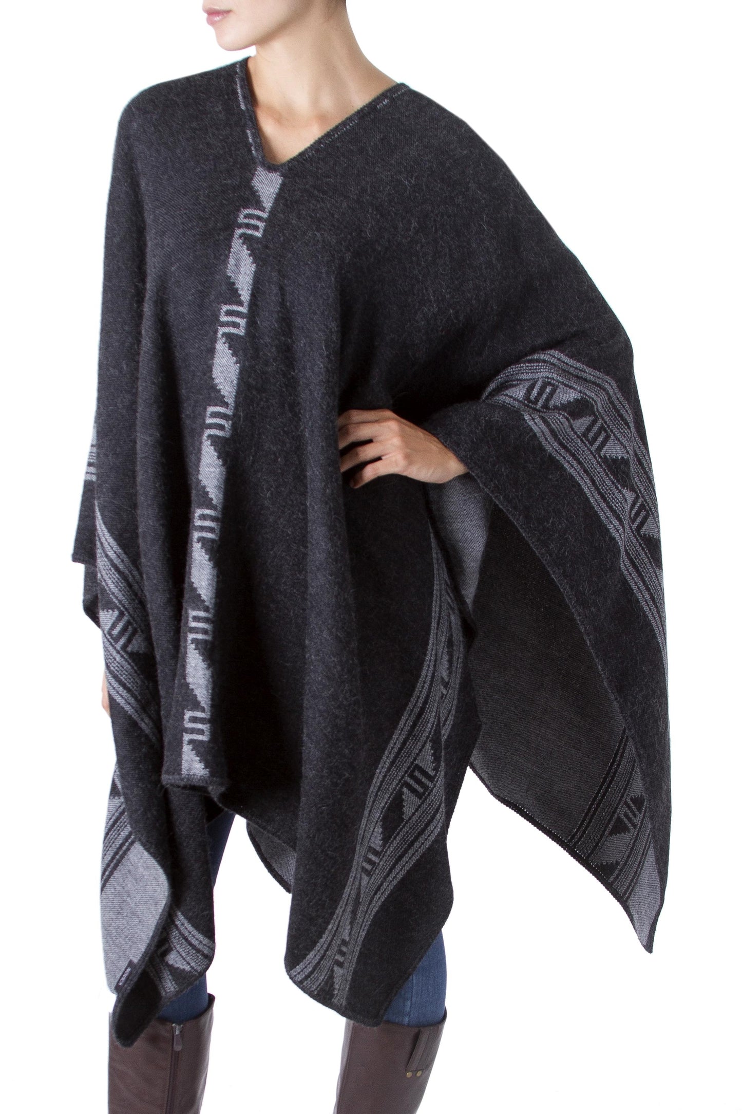 Gray & Black Glyphs Alpaca Blend Reversible Poncho