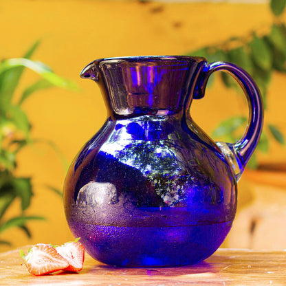 Cobalt Light Handblown Glass Recycled Classic Blue Pitcher Serveware