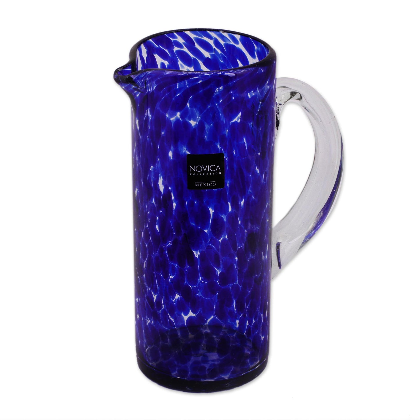 Dotted Blue Hand Blown Glass Pitcher 33 Oz Tall Clear Mexico