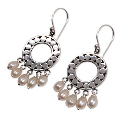 White Moon Aura Pearl & Silver Chandelier Earrings