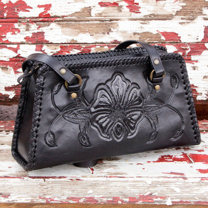 Midnight Rose Handcrafted Floral Leather Shoulder Bag