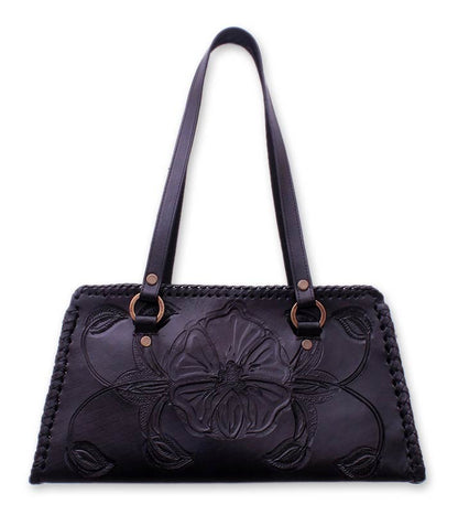 Midnight Rose Handcrafted Floral Leather Shoulder Bag