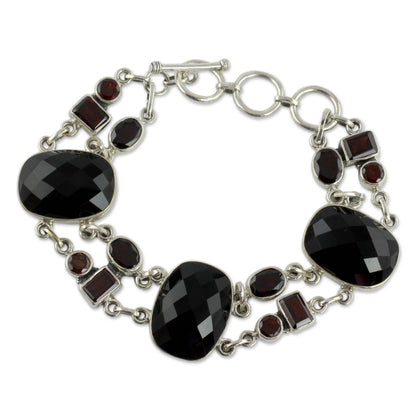 Exotic Drama Onyx Link Bracelet with Garnet and Sterling Silver