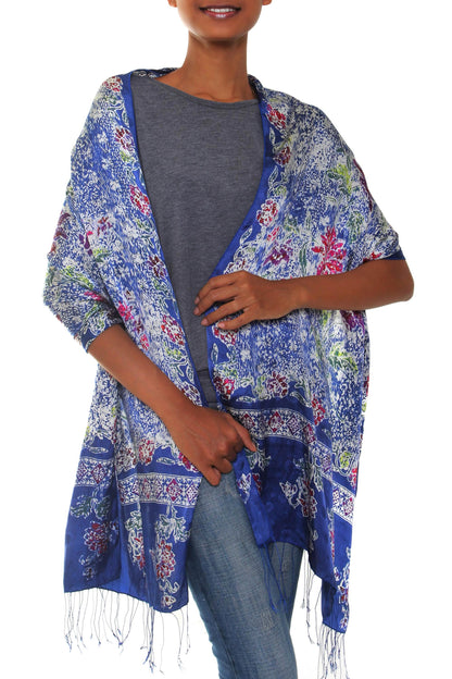 Sapphire Mums Blue Batik Silk Shawl