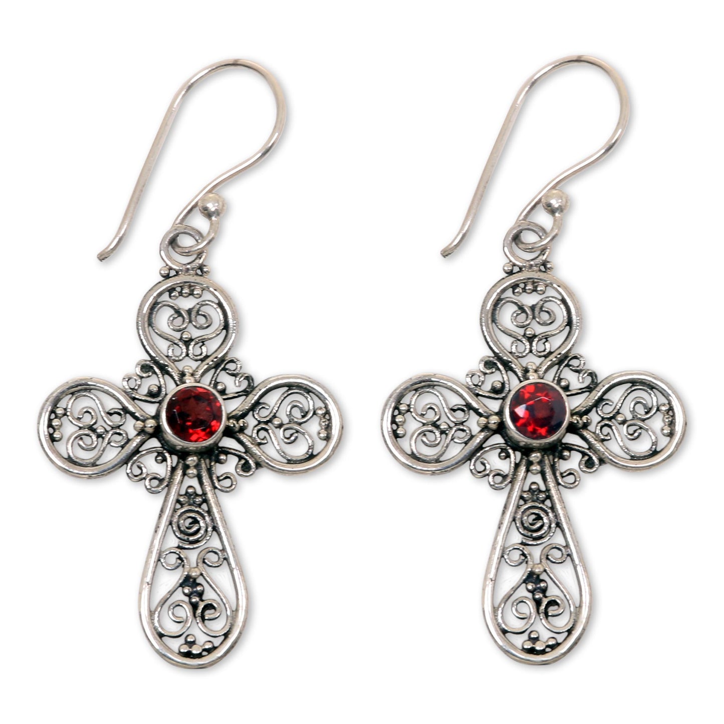 Indonesian Cross Sterling Silver Garnet Cross Earrings