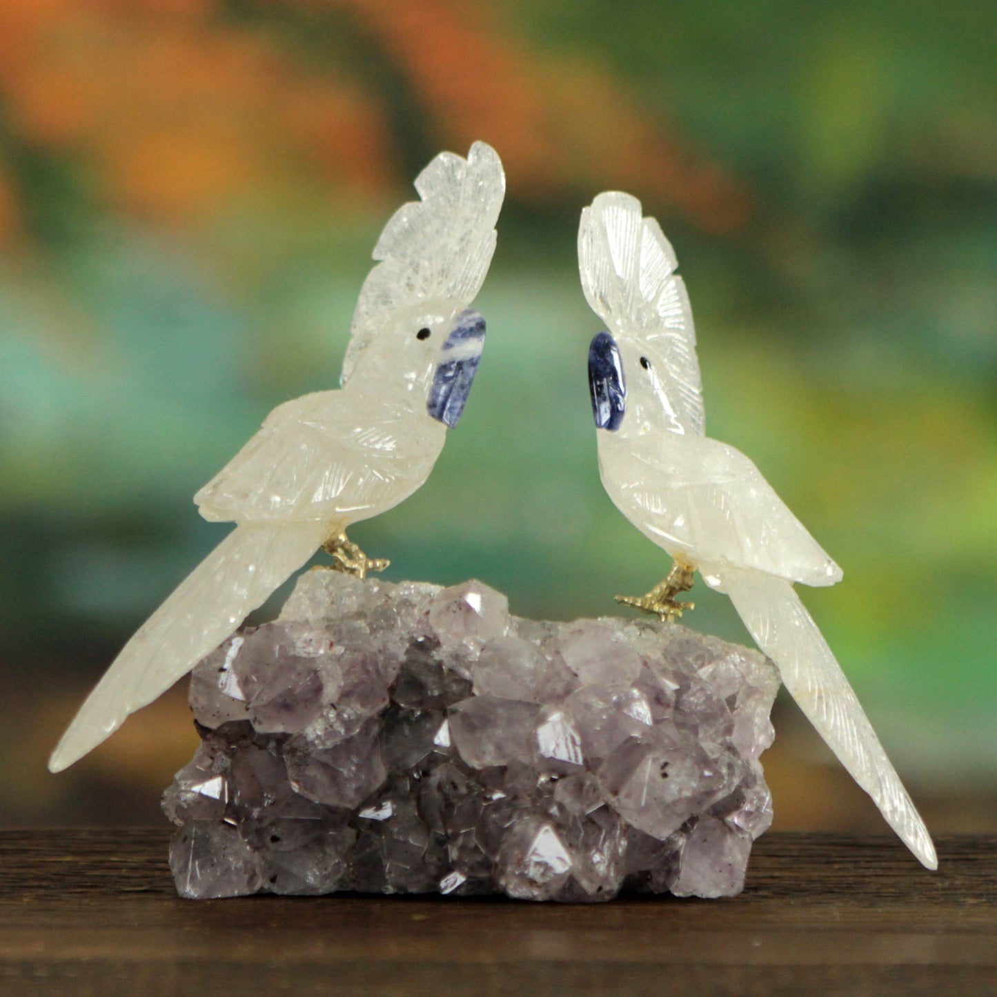 Cockatoo Couple Hand Crafted Quartz and Amethyst Gemstone Sculpture