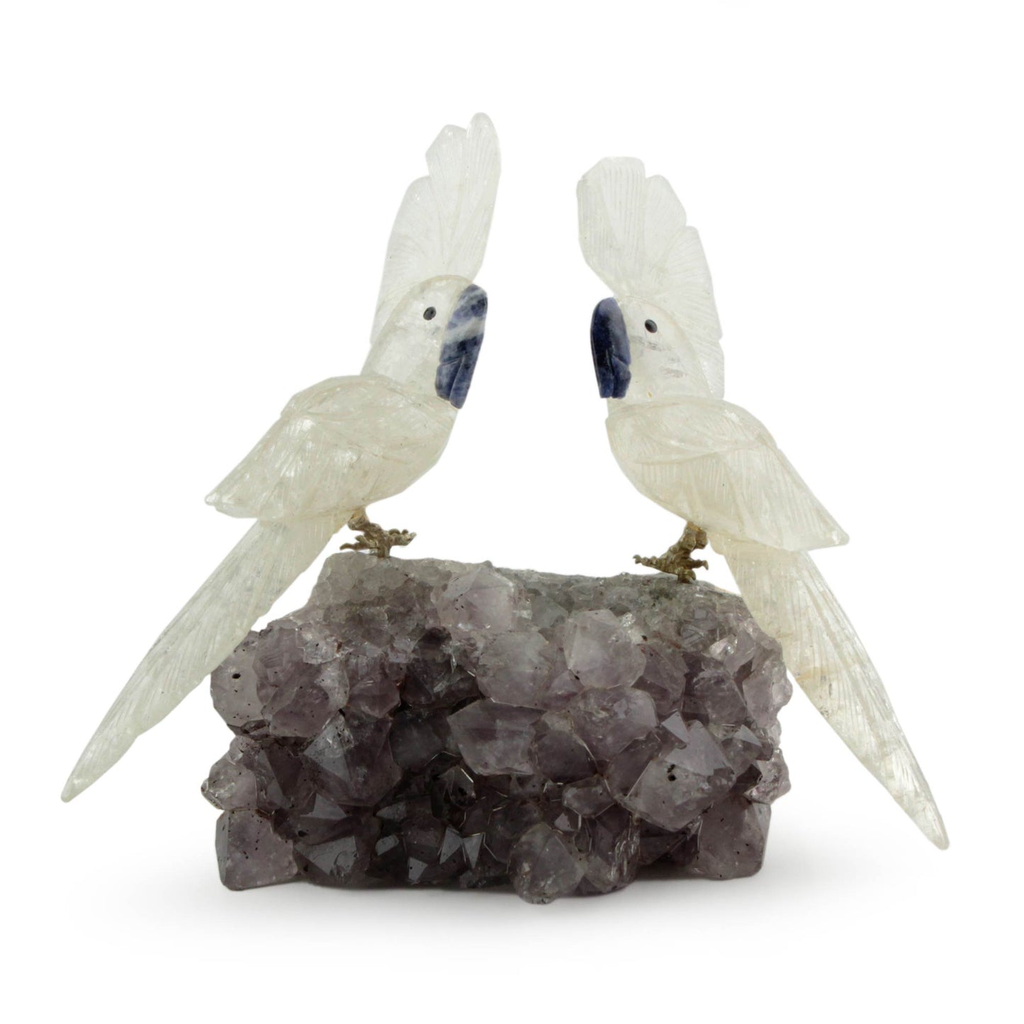 Cockatoo Couple Hand Crafted Quartz and Amethyst Gemstone Sculpture