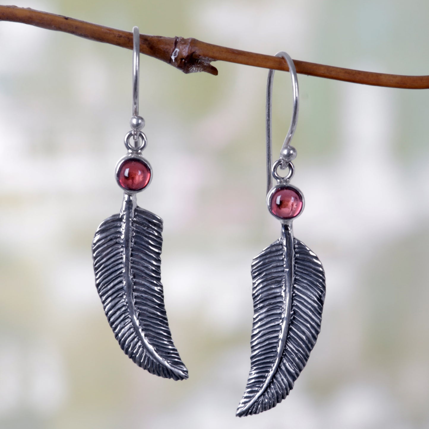 Light as a Feather Garnet & Silver Earrings