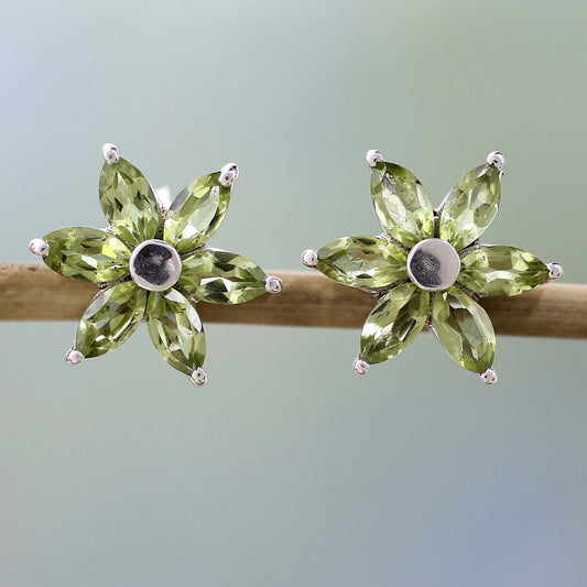 Summer Blossom Women's Floral Sterling Silver Button Peridot Earrings